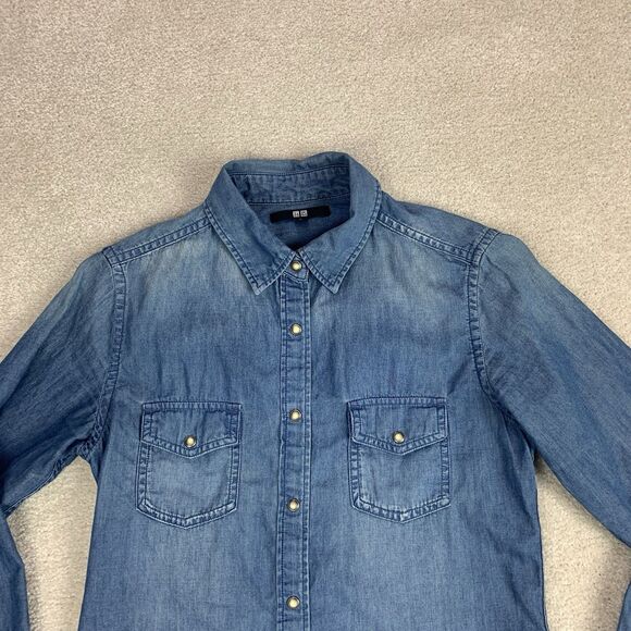 Uniqlo Women Small Pearl Snap Western Chambray Pocket Button Shirt Long Sleeve - Picture 2 of 12